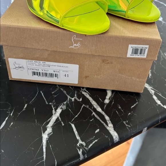 Christian Louboutin Iridescent Neon Yellow Slide Heels - Picture 4 of 7
